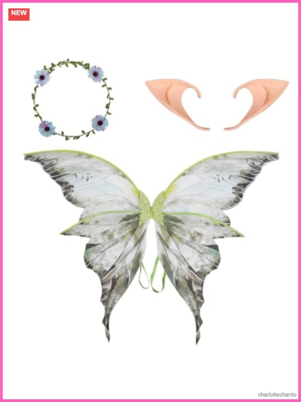 Fairy Wings Halloween Costume Set with Elf Ears and Arm Wrap for Women